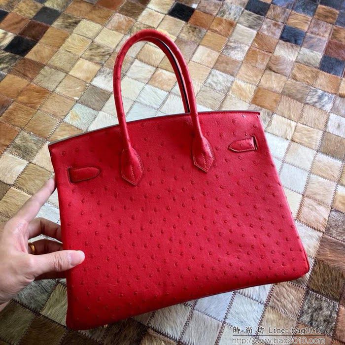 HERMES愛馬仕 鉑金包 Birkin 30 南非原產KK級鴕鳥皮 頂級工藝 中國紅 手縫蠟線 手提包  Ama1235